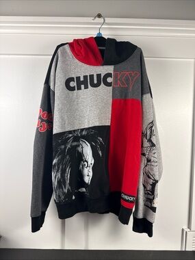 Chucky Graphic Patchwork Hoodie in Gray, Black & Red Mens XXL